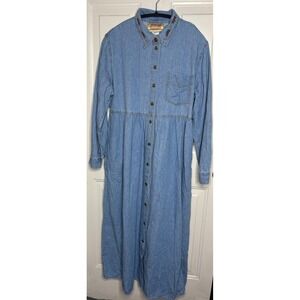 Denim Maxi Dress 12 Button Pockets Western Cottagecore Prairie Cowgirl Boho Vtg